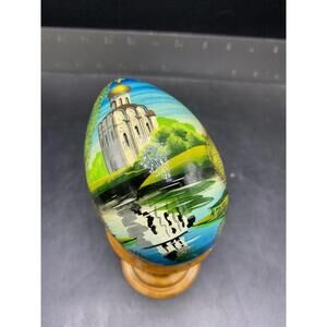 Authentic Vintage Hand Painted Russian Wooden Egg Church Scene Beautiful Item